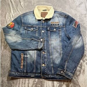 Top Gun Mens Denim Sherpa Lined Trucker Jacket Blue Patches 2X TGJ1940 Button